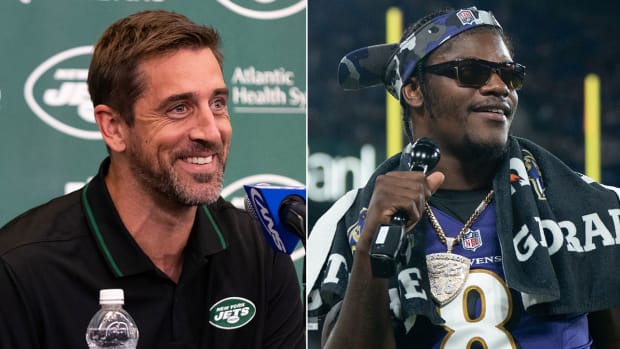 Separate photos of Aaron Rodgers and Lamar Jackson